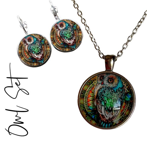 Owl Necklace and Earrings Set-Silver-Tone-Jewelry - Picture 1 of 8